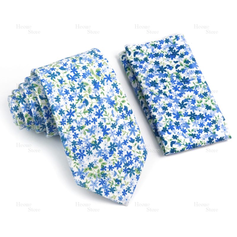 Novelty Floral Cotton Mens Casual Tie Set Fit Wedding Party Yellow Green Blue Necktie Pocket Square Chic Suit Gravata Accessory - Image 27