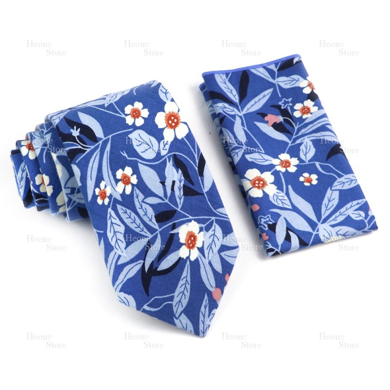 Novelty Floral Cotton Mens Casual Tie Set Fit Wedding Party Yellow Green Blue Necktie Pocket Square Chic Suit Gravata Accessory - Image 29