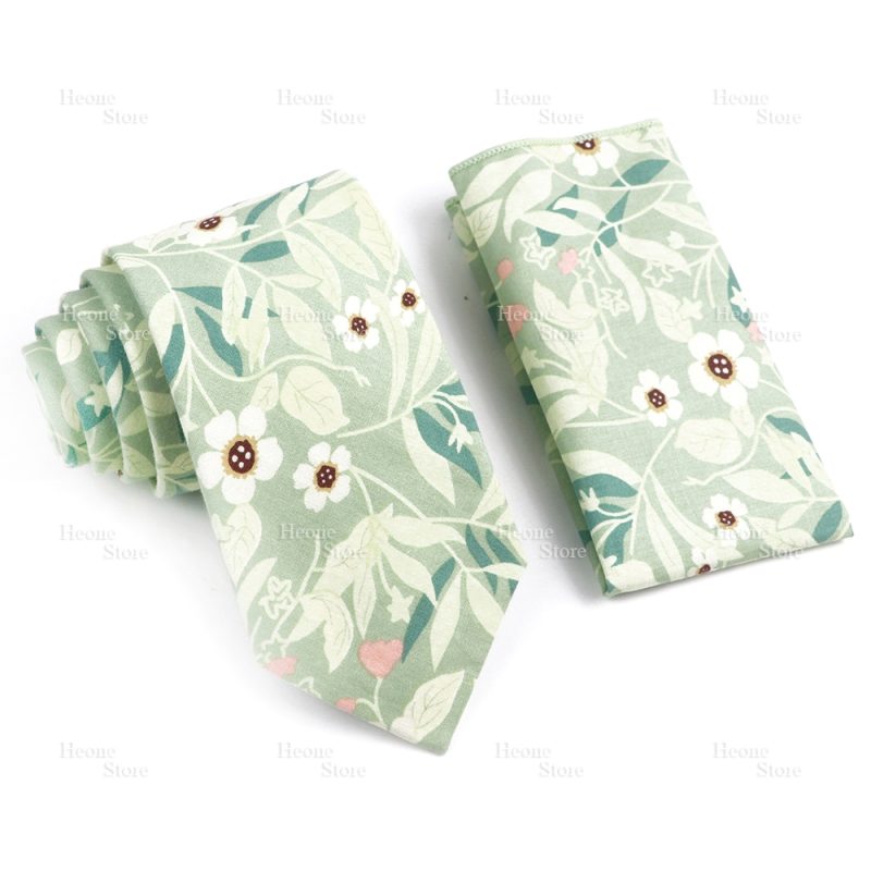 Novelty Floral Cotton Mens Casual Tie Set Fit Wedding Party Yellow Green Blue Necktie Pocket Square Chic Suit Gravata Accessory - Image 31