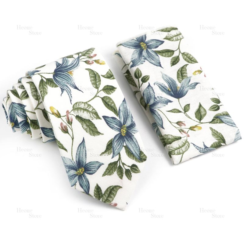 Novelty Floral Cotton Mens Casual Tie Set Fit Wedding Party Yellow Green Blue Necktie Pocket Square Chic Suit Gravata Accessory - Image 32