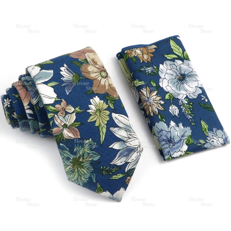 Novelty Floral Cotton Mens Casual Tie Set Fit Wedding Party Yellow Green Blue Necktie Pocket Square Chic Suit Gravata Accessory - Image 33