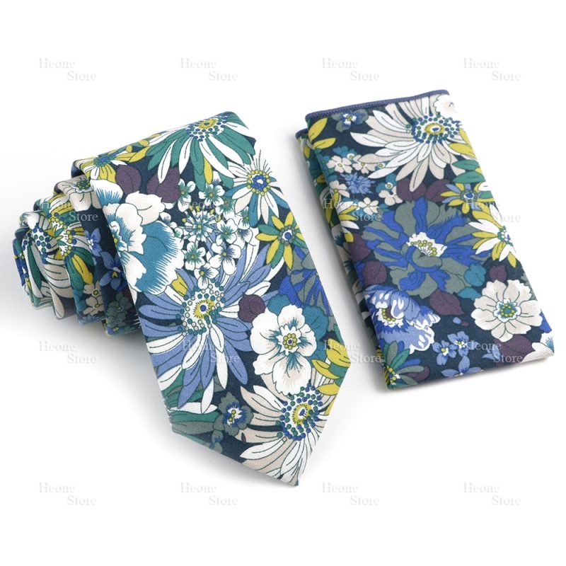 Novelty Floral Cotton Mens Casual Tie Set Fit Wedding Party Yellow Green Blue Necktie Pocket Square Chic Suit Gravata Accessory - Image 34