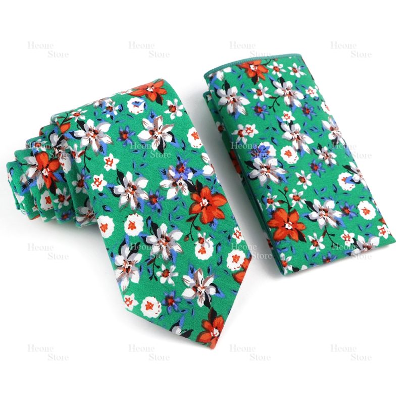 Novelty Floral Cotton Mens Casual Tie Set Fit Wedding Party Yellow Green Blue Necktie Pocket Square Chic Suit Gravata Accessory - Image 35