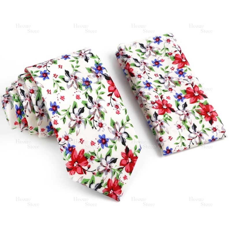 Novelty Floral Cotton Mens Casual Tie Set Fit Wedding Party Yellow Green Blue Necktie Pocket Square Chic Suit Gravata Accessory - Image 36