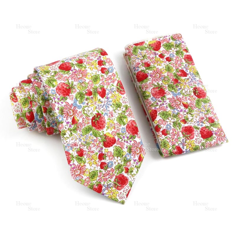 Novelty Floral Cotton Mens Casual Tie Set Fit Wedding Party Yellow Green Blue Necktie Pocket Square Chic Suit Gravata Accessory - Image 37