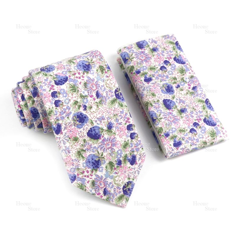 Novelty Floral Cotton Mens Casual Tie Set Fit Wedding Party Yellow Green Blue Necktie Pocket Square Chic Suit Gravata Accessory - Image 38