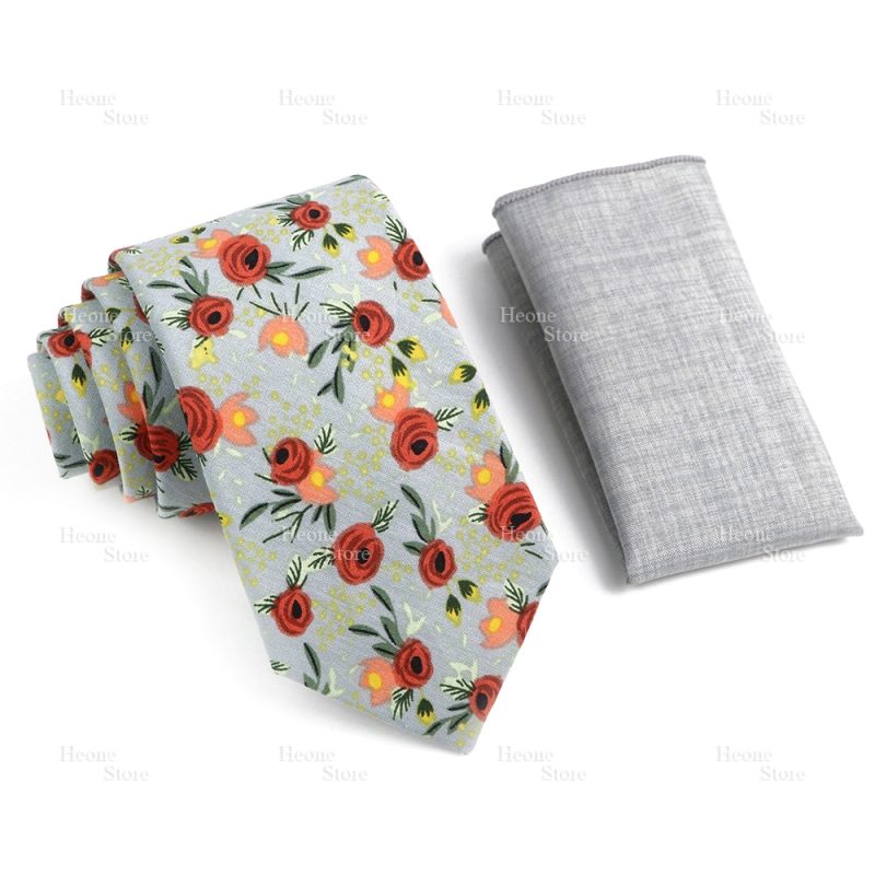 Novelty Floral Cotton Mens Casual Tie Set Fit Wedding Party Yellow Green Blue Necktie Pocket Square Chic Suit Gravata Accessory - Image 40