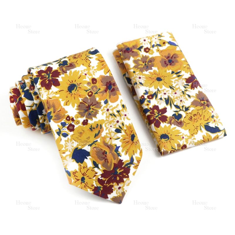 Novelty Floral Cotton Mens Casual Tie Set Fit Wedding Party Yellow Green Blue Necktie Pocket Square Chic Suit Gravata Accessory - Image 44