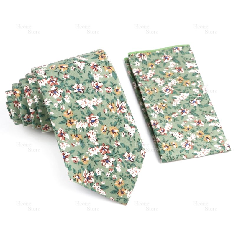 Novelty Floral Cotton Mens Casual Tie Set Fit Wedding Party Yellow Green Blue Necktie Pocket Square Chic Suit Gravata Accessory - Image 47