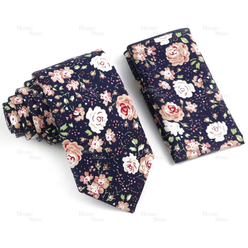 Novelty Floral Cotton Mens Casual Tie Set Fit Wedding Party Yellow Green Blue Necktie Pocket Square Chic Suit Gravata Accessory - Image 48