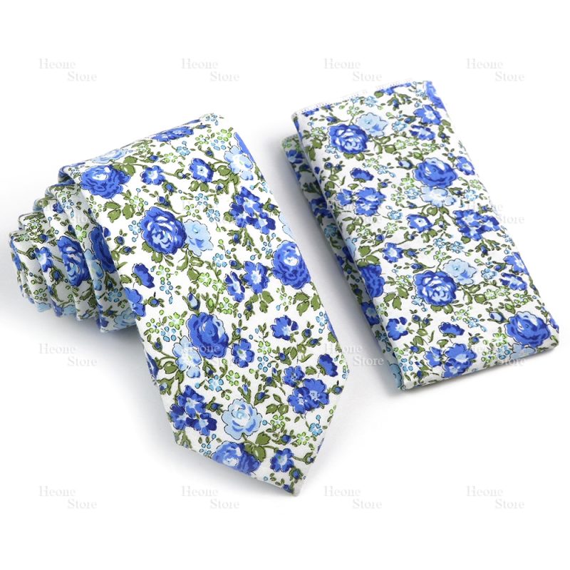 Novelty Floral Cotton Mens Casual Tie Set Fit Wedding Party Yellow Green Blue Necktie Pocket Square Chic Suit Gravata Accessory - Image 49