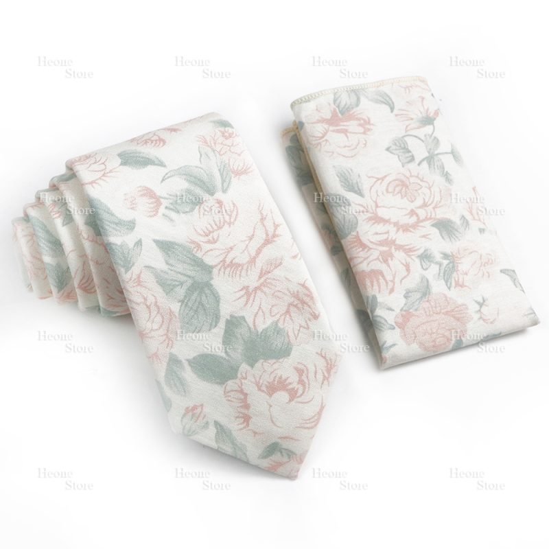 Novelty Floral Cotton Mens Casual Tie Set Fit Wedding Party Yellow Green Blue Necktie Pocket Square Chic Suit Gravata Accessory - Image 50