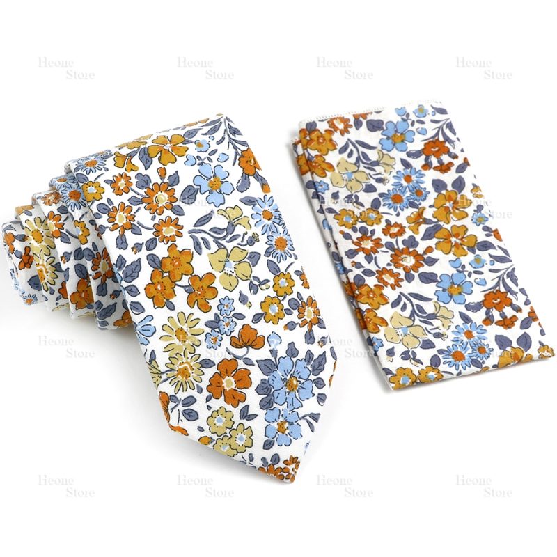 Novelty Floral Cotton Mens Casual Tie Set Fit Wedding Party Yellow Green Blue Necktie Pocket Square Chic Suit Gravata Accessory - Image 52