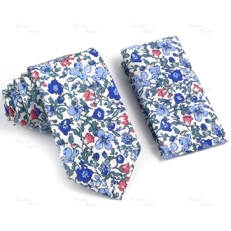 Novelty Floral Cotton Mens Casual Tie Set Fit Wedding Party Yellow Green Blue Necktie Pocket Square Chic Suit Gravata Accessory - Image 53