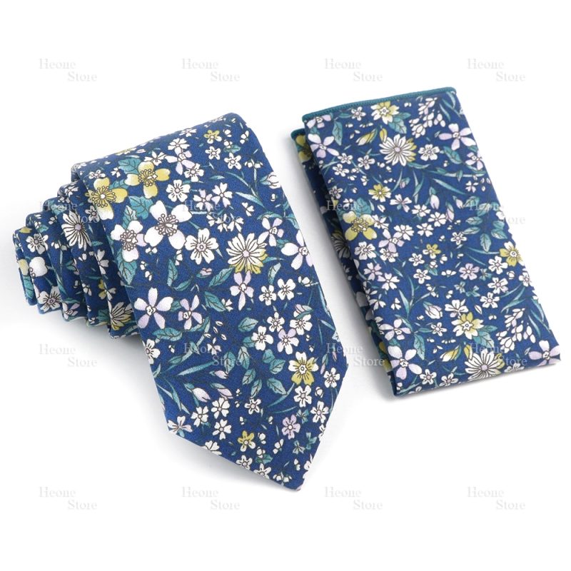 Novelty Floral Cotton Mens Casual Tie Set Fit Wedding Party Yellow Green Blue Necktie Pocket Square Chic Suit Gravata Accessory - Image 54