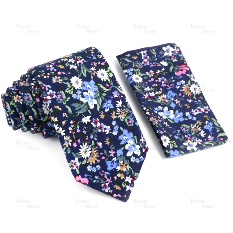 Novelty Floral Cotton Mens Casual Tie Set Fit Wedding Party Yellow Green Blue Necktie Pocket Square Chic Suit Gravata Accessory - Image 55
