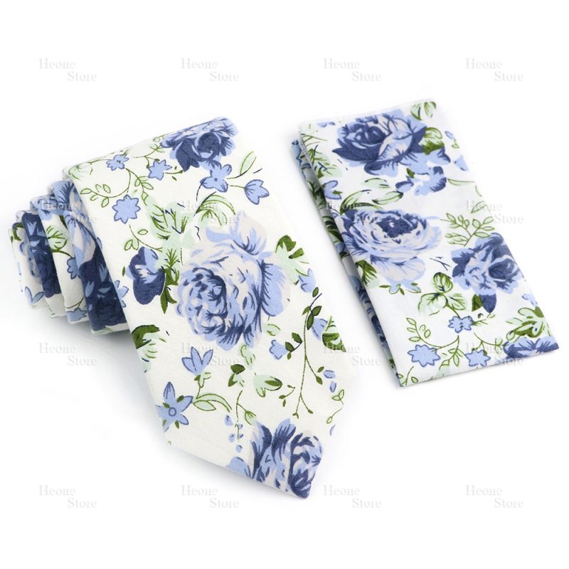 Novelty Floral Cotton Mens Casual Tie Set Fit Wedding Party Yellow Green Blue Necktie Pocket Square Chic Suit Gravata Accessory - Image 57