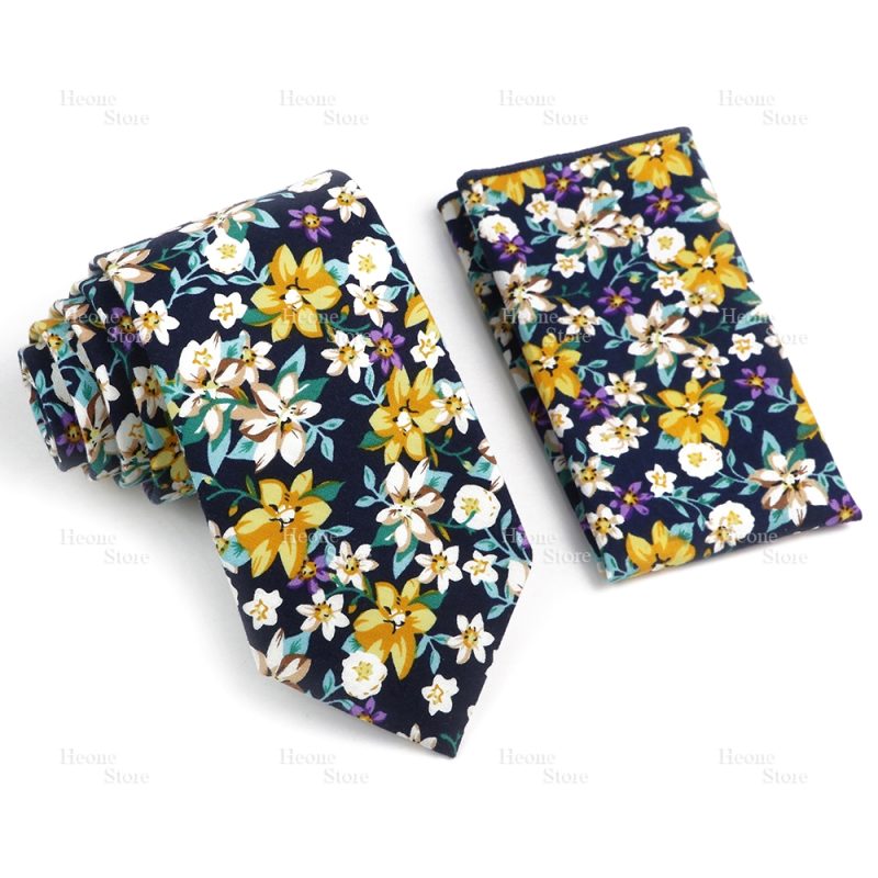 Novelty Floral Cotton Mens Casual Tie Set Fit Wedding Party Yellow Green Blue Necktie Pocket Square Chic Suit Gravata Accessory - Image 60