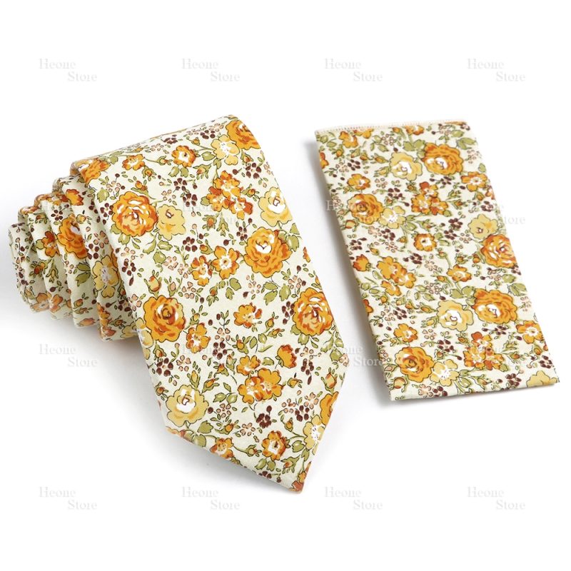 Novelty Floral Cotton Mens Casual Tie Set Fit Wedding Party Yellow Green Blue Necktie Pocket Square Chic Suit Gravata Accessory - Image 61
