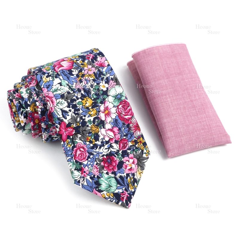 Novelty Floral Cotton Mens Casual Tie Set Fit Wedding Party Yellow Green Blue Necktie Pocket Square Chic Suit Gravata Accessory - Image 62