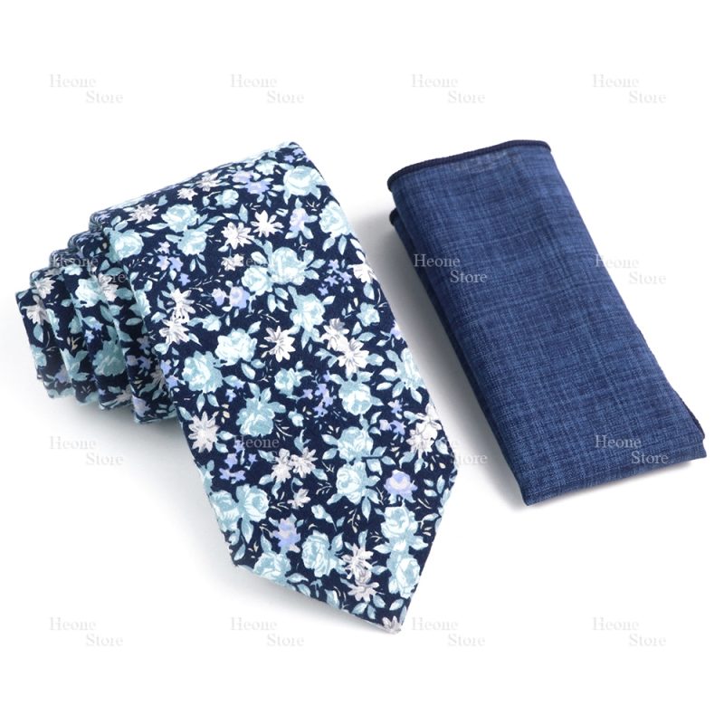 Novelty Floral Cotton Mens Casual Tie Set Fit Wedding Party Yellow Green Blue Necktie Pocket Square Chic Suit Gravata Accessory - Image 63