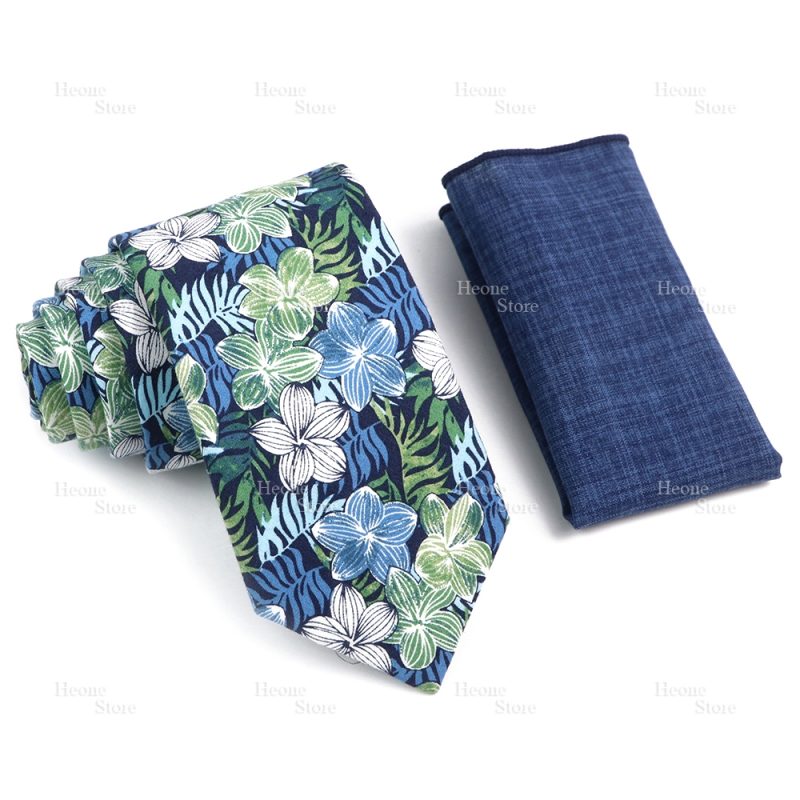Novelty Floral Cotton Mens Casual Tie Set Fit Wedding Party Yellow Green Blue Necktie Pocket Square Chic Suit Gravata Accessory - Image 64