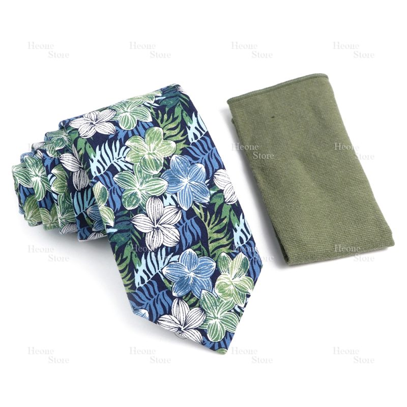 Novelty Floral Cotton Mens Casual Tie Set Fit Wedding Party Yellow Green Blue Necktie Pocket Square Chic Suit Gravata Accessory - Image 65