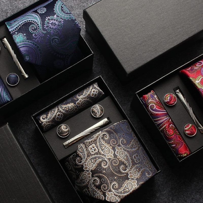 100% Silk Brand Tie Handkerchief Cufflink Set For Men Necktie Holiday Gift Box Blue Gold Suit Accessories Fit Workplace Holiday