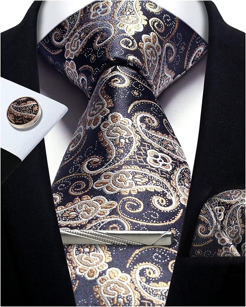 100% Silk Brand Tie Handkerchief Cufflink Set For Men Necktie Holiday Gift Box Blue Gold Suit Accessories Fit Workplace Holiday - Image 2