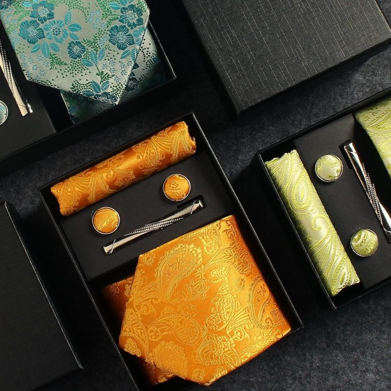 100% Silk Brand Tie Handkerchief Cufflink Set For Men Necktie Holiday Gift Box Blue Gold Suit Accessories Fit Workplace Holiday - Image 3