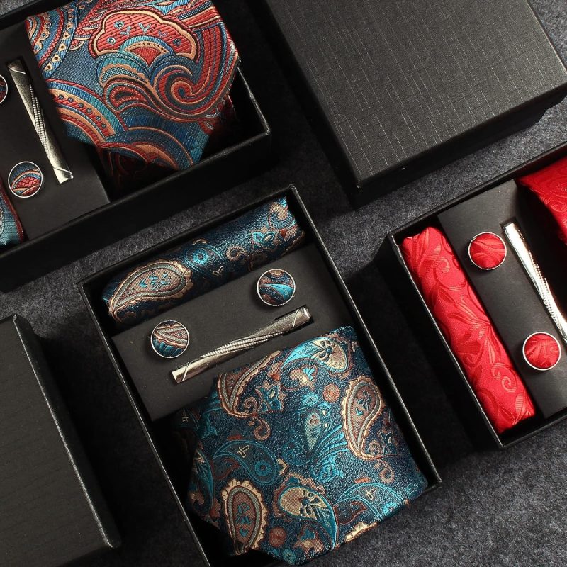 100% Silk Brand Tie Handkerchief Cufflink Set For Men Necktie Holiday Gift Box Blue Gold Suit Accessories Fit Workplace Holiday - Image 5