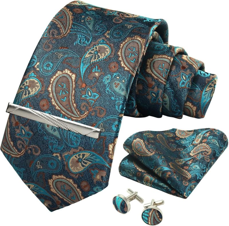 100% Silk Brand Tie Handkerchief Cufflink Set For Men Necktie Holiday Gift Box Blue Gold Suit Accessories Fit Workplace Holiday - Image 6