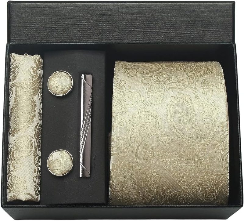 100% Silk Brand Tie Handkerchief Cufflink Set For Men Necktie Holiday Gift Box Blue Gold Suit Accessories Fit Workplace Holiday - Image 8