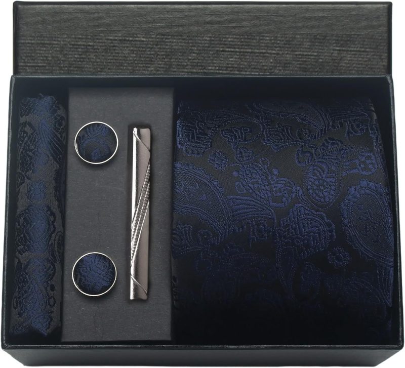 100% Silk Brand Tie Handkerchief Cufflink Set For Men Necktie Holiday Gift Box Blue Gold Suit Accessories Fit Workplace Holiday - Image 10