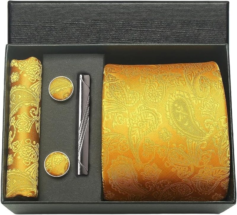 100% Silk Brand Tie Handkerchief Cufflink Set For Men Necktie Holiday Gift Box Blue Gold Suit Accessories Fit Workplace Holiday - Image 11