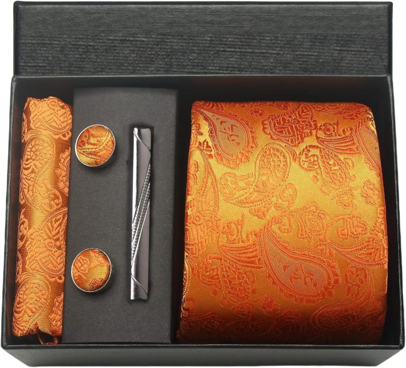 100% Silk Brand Tie Handkerchief Cufflink Set For Men Necktie Holiday Gift Box Blue Gold Suit Accessories Fit Workplace Holiday - Image 12