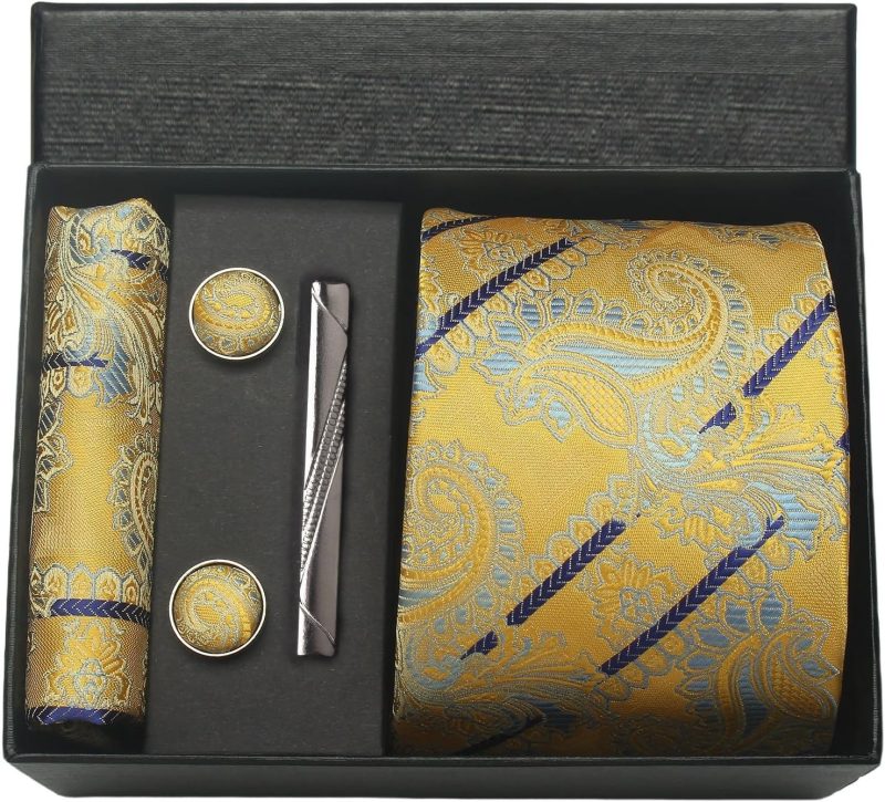100% Silk Brand Tie Handkerchief Cufflink Set For Men Necktie Holiday Gift Box Blue Gold Suit Accessories Fit Workplace Holiday - Image 14
