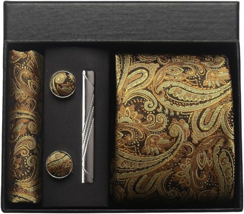 100% Silk Brand Tie Handkerchief Cufflink Set For Men Necktie Holiday Gift Box Blue Gold Suit Accessories Fit Workplace Holiday - Image 15