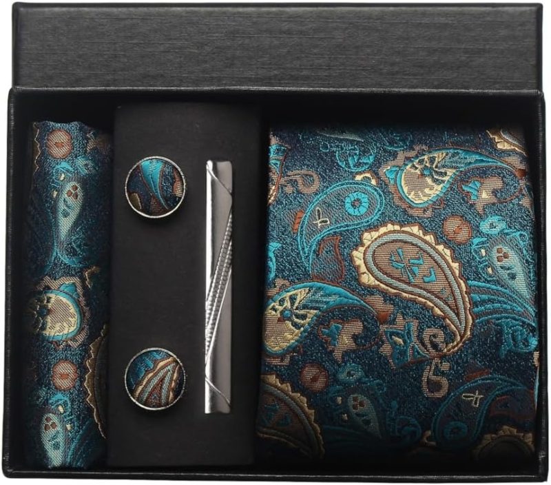 100% Silk Brand Tie Handkerchief Cufflink Set For Men Necktie Holiday Gift Box Blue Gold Suit Accessories Fit Workplace Holiday - Image 20