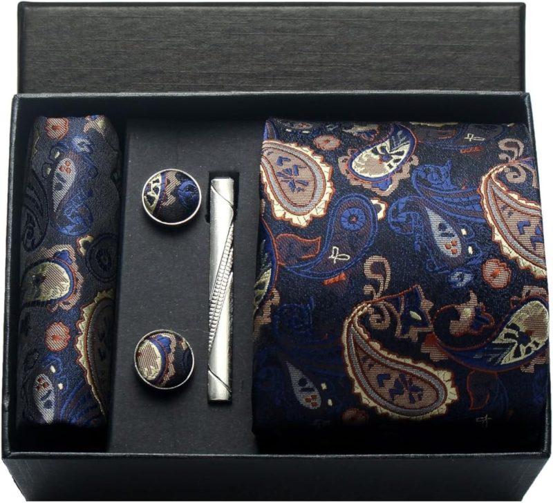 100% Silk Brand Tie Handkerchief Cufflink Set For Men Necktie Holiday Gift Box Blue Gold Suit Accessories Fit Workplace Holiday - Image 21