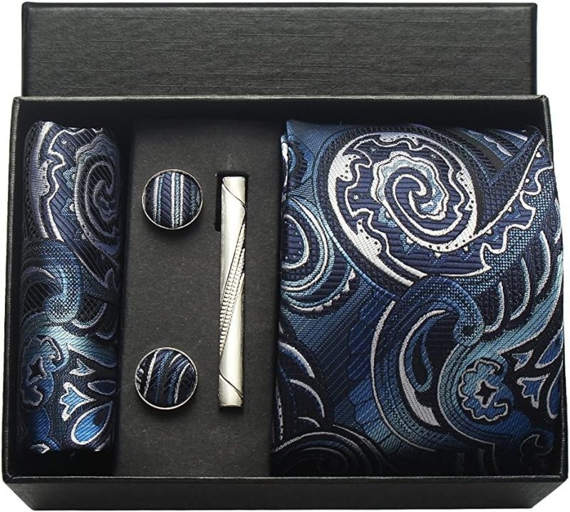 100% Silk Brand Tie Handkerchief Cufflink Set For Men Necktie Holiday Gift Box Blue Gold Suit Accessories Fit Workplace Holiday - Image 23
