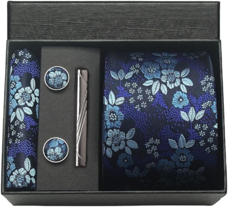 100% Silk Brand Tie Handkerchief Cufflink Set For Men Necktie Holiday Gift Box Blue Gold Suit Accessories Fit Workplace Holiday - Image 25
