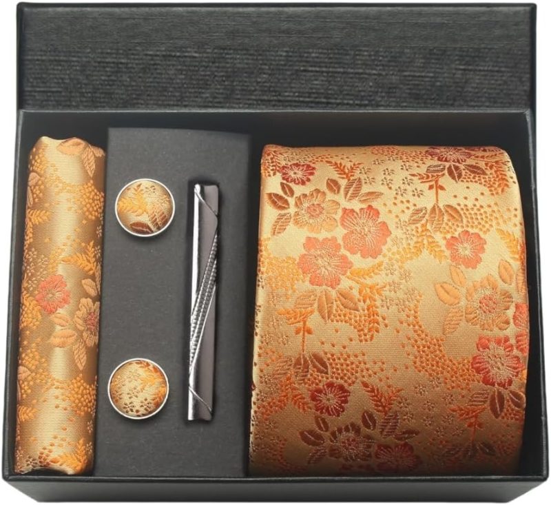 100% Silk Brand Tie Handkerchief Cufflink Set For Men Necktie Holiday Gift Box Blue Gold Suit Accessories Fit Workplace Holiday - Image 27