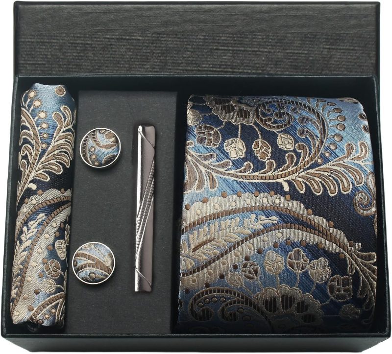 100% Silk Brand Tie Handkerchief Cufflink Set For Men Necktie Holiday Gift Box Blue Gold Suit Accessories Fit Workplace Holiday - Image 32