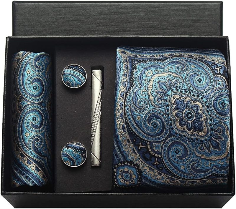 100% Silk Brand Tie Handkerchief Cufflink Set For Men Necktie Holiday Gift Box Blue Gold Suit Accessories Fit Workplace Holiday - Image 35