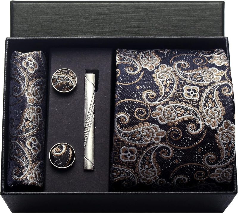 100% Silk Brand Tie Handkerchief Cufflink Set For Men Necktie Holiday Gift Box Blue Gold Suit Accessories Fit Workplace Holiday - Image 36