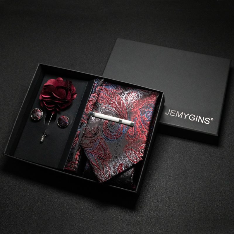 Wine red Men Tie Paisley Silk Tie Pocket Square Cufflink Luxury Gift Box Set Wedding Gravat Accessories Neck Tie For Men
