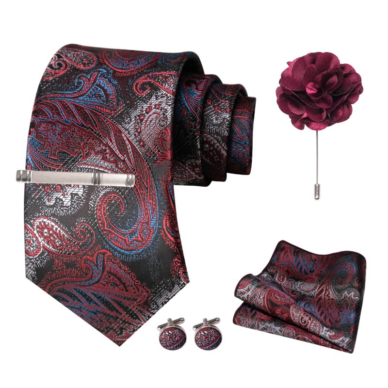 Wine red Men Tie Paisley Silk Tie Pocket Square Cufflink Luxury Gift Box Set Wedding Gravat Accessories Neck Tie For Men - Image 6