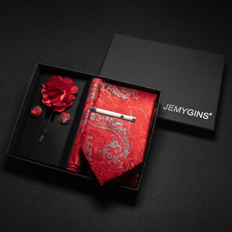 Wine red Men Tie Paisley Silk Tie Pocket Square Cufflink Luxury Gift Box Set Wedding Gravat Accessories Neck Tie For Men - Image 22