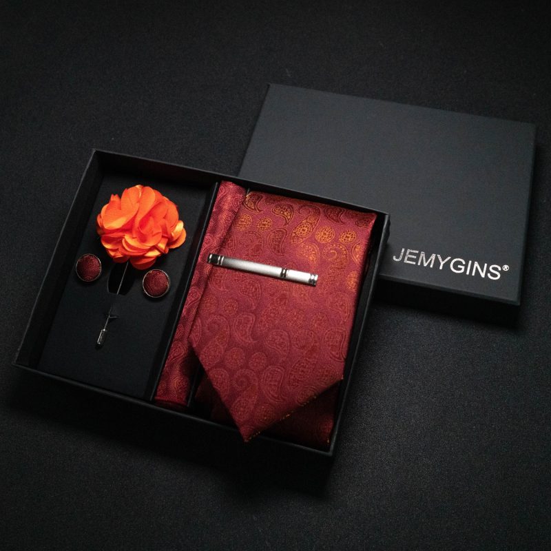 Wine red Men Tie Paisley Silk Tie Pocket Square Cufflink Luxury Gift Box Set Wedding Gravat Accessories Neck Tie For Men - Image 37